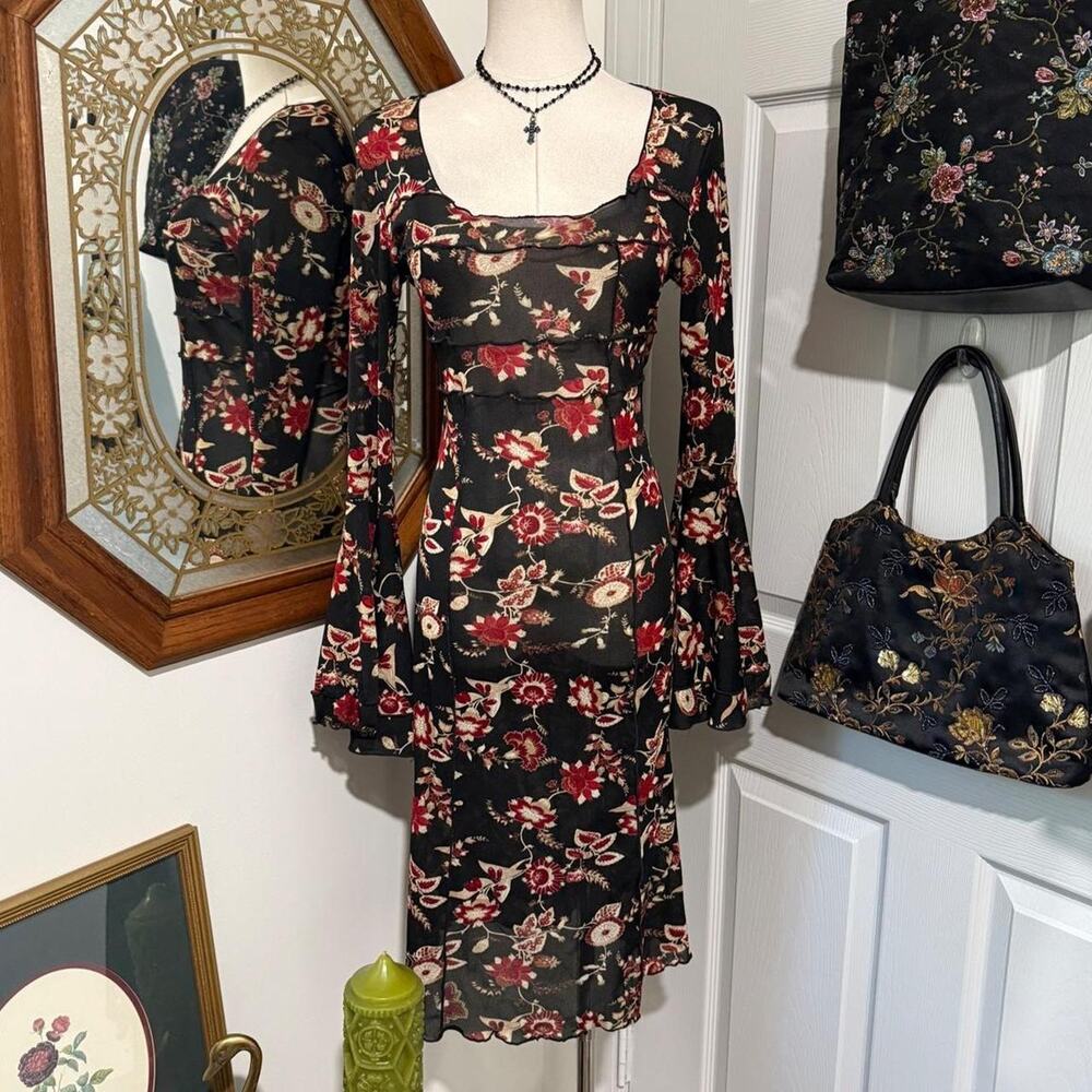 VTG Y2K Moa Moa Sheer Black Mesh & Red Floral Bell Sleeve Square Neckline Dress